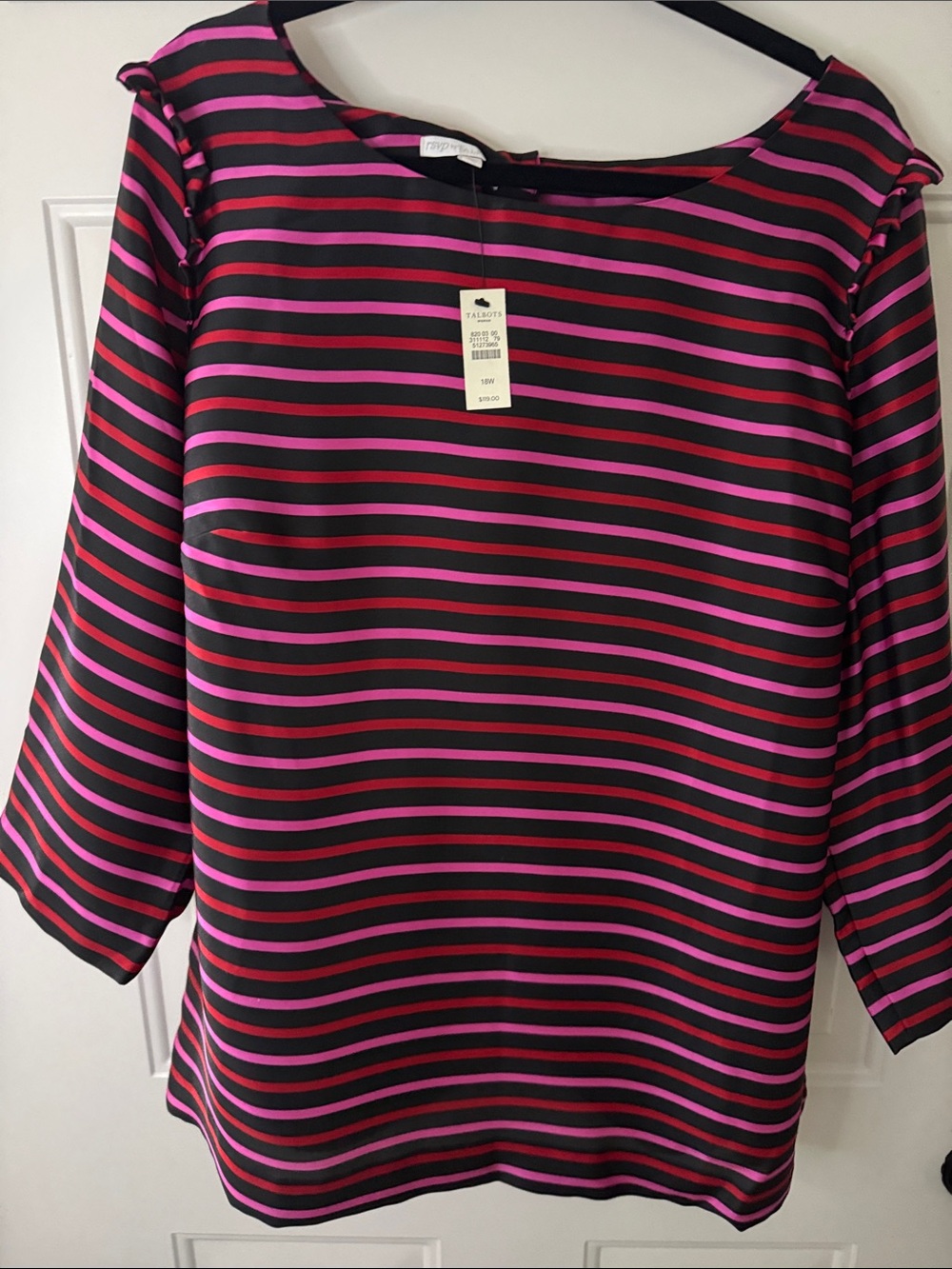 Talbots RSVP Women’s Black & Pink &Red Striped Boatneck Top- ruffle shoulder